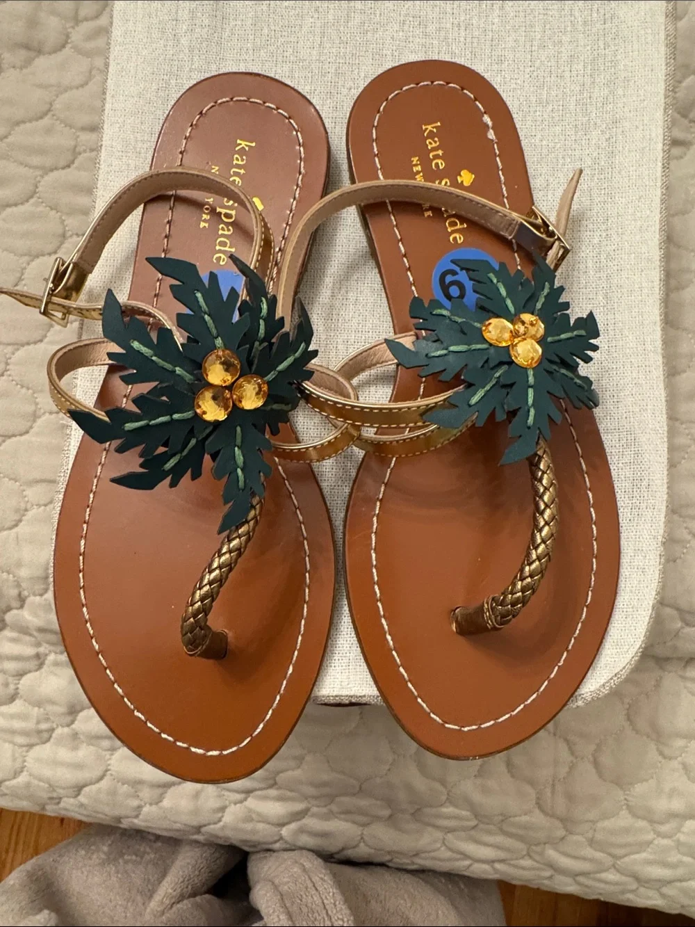 kate spade New York Tan Leather Floral Thong Sandals